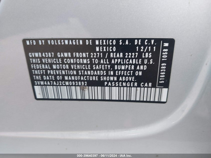 2012 Volkswagen Jetta Gli Autobahn VIN: 3VW4A7AJ2CM093892 Lot: 39640397