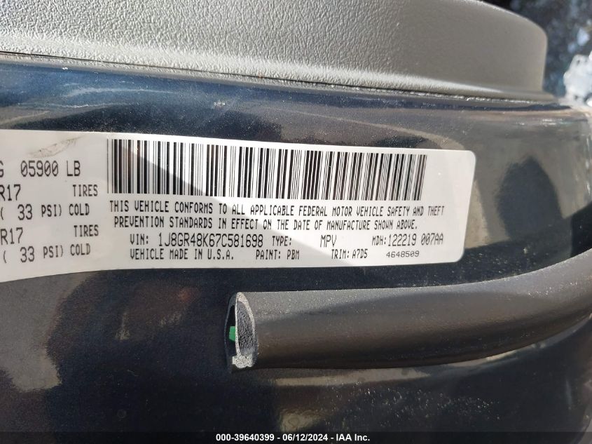 2007 Jeep Grand Cherokee Laredo VIN: 1J8GR48K67C581698 Lot: 39640399