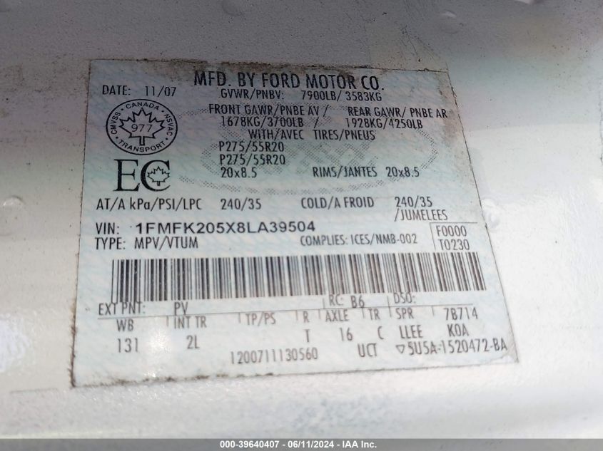 2008 Ford Expedition El Limited VIN: 1FMFK205X8LA39504 Lot: 39640407