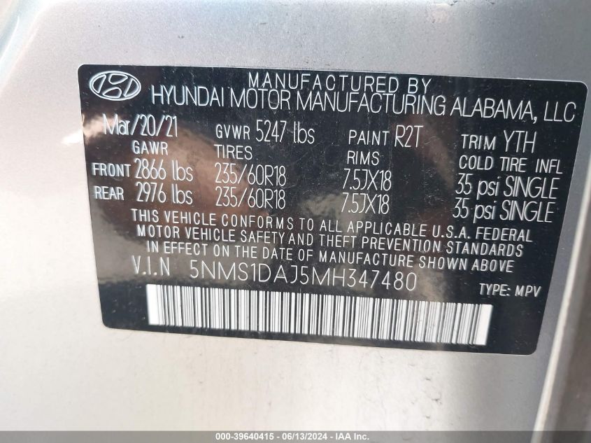 2021 Hyundai Santa Fe Se VIN: 5NMS1DAJ5MH347480 Lot: 39640415