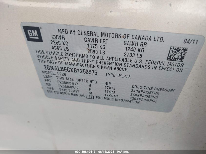 2011 Chevrolet Equinox Ls VIN: 2GNALBECXB1293575 Lot: 39640416