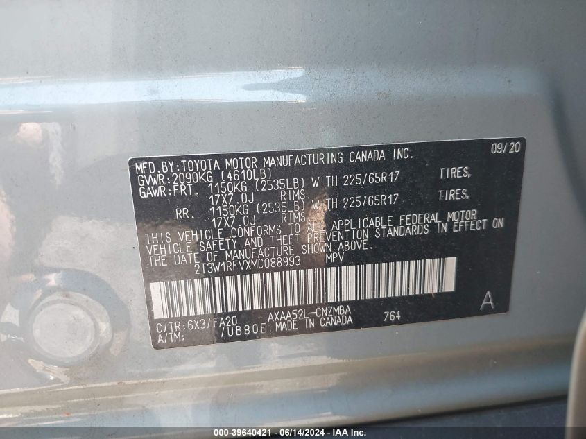 2021 Toyota Rav4 Xle VIN: 2T3W1RFVXMC088993 Lot: 39640421