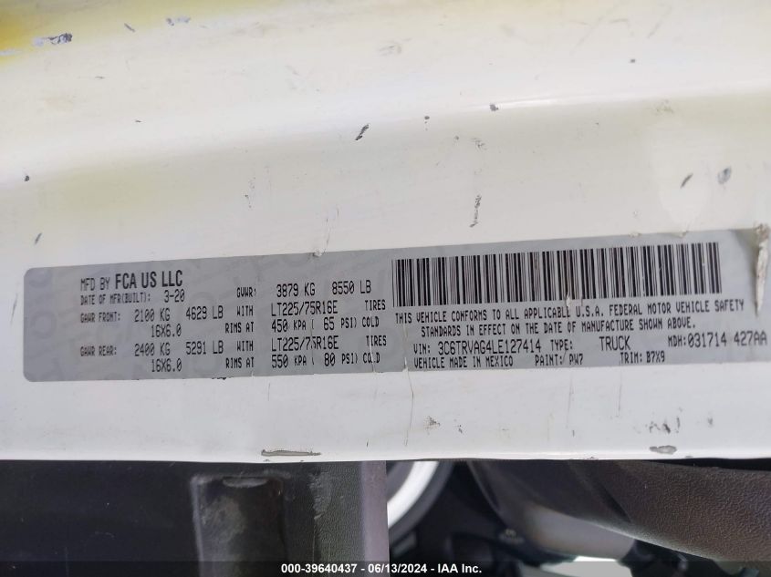 2020 Ram Promaster 1500 Low Roof 136 Wb VIN: 3C6TRVAG4LE127414 Lot: 39640437