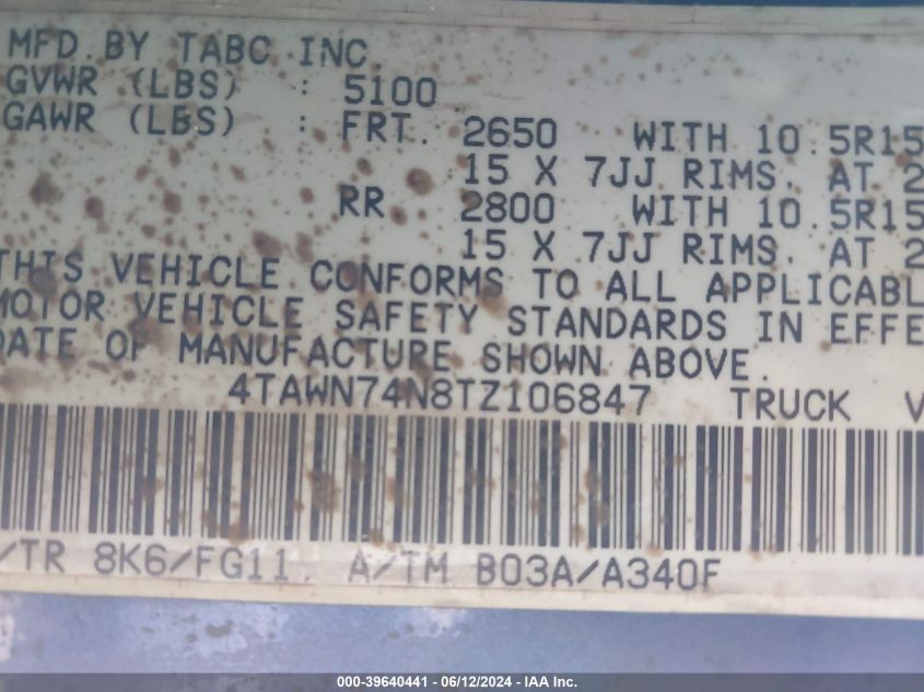 1996 Toyota Tacoma Xtracab Sr5 VIN: 4TAWN74N8TZ106847 Lot: 39640441