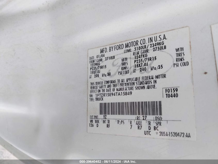2004 Ford Ranger Xlt VIN: 1FTZR15E94TA15849 Lot: 39640452