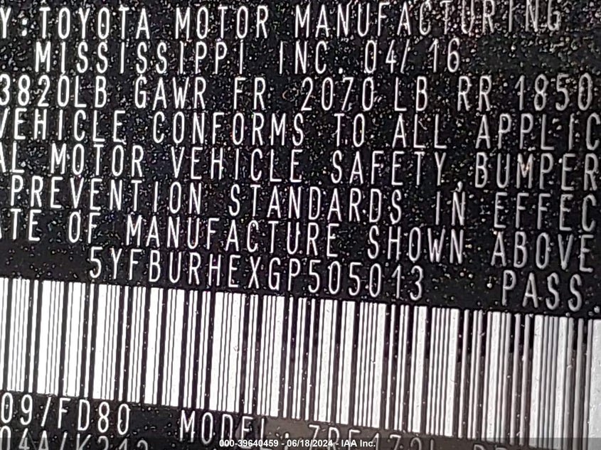 2016 TOYOTA COROLLA L/LE/LE PLS/PRM/S/S PLS - 5YFBURHEXGP505013