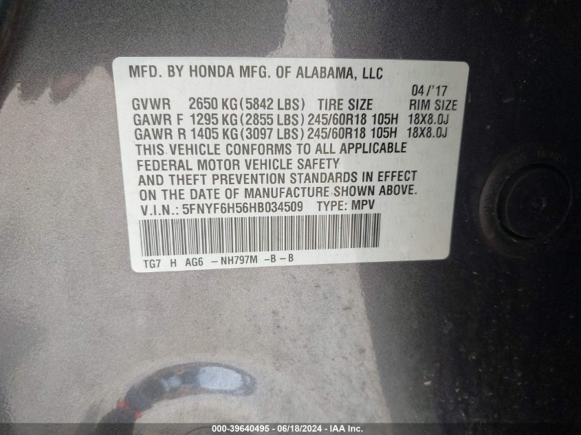 2017 Honda Pilot Ex-L VIN: 5FNYF6H56HB034509 Lot: 39640495