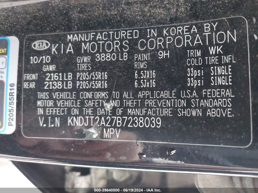 2011 Kia Soul + VIN: KNDJT2A27B7238039 Lot: 39640500