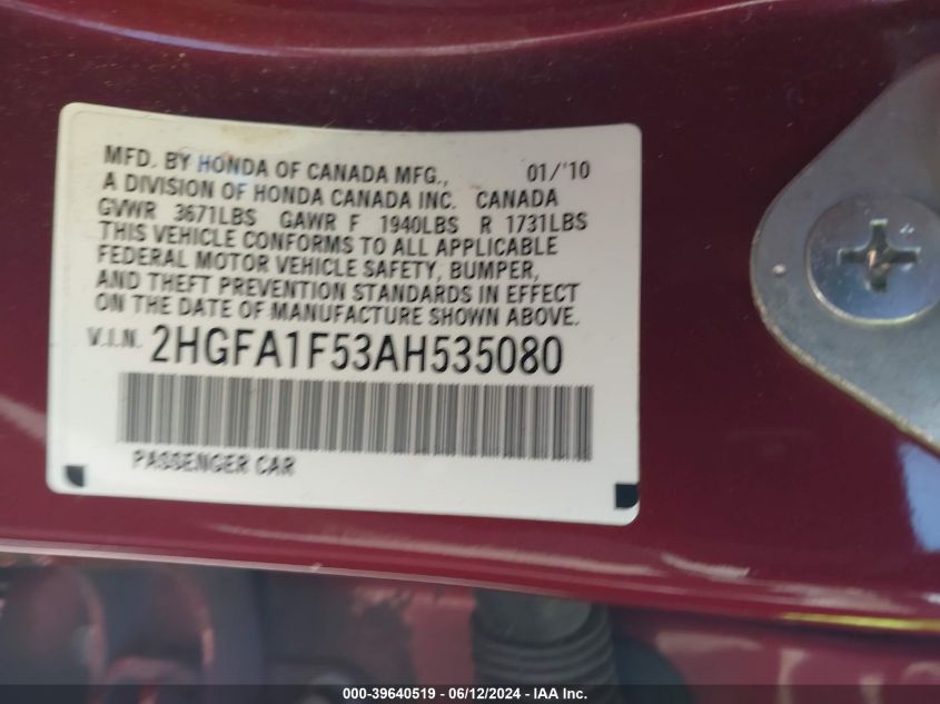 2010 Honda Civic Lx VIN: 2HGFA1F53AH535080 Lot: 39640519