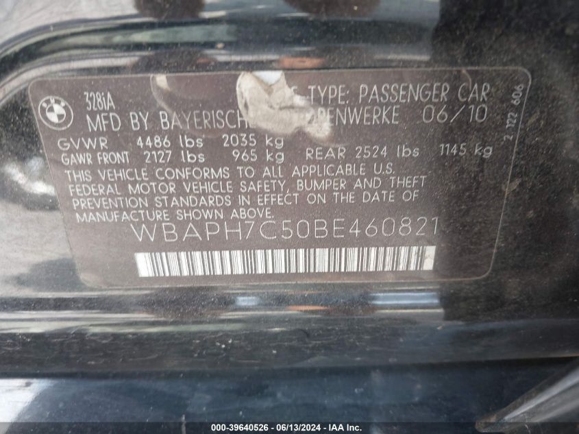 2011 BMW 328I VIN: WBAPH7C50BE460821 Lot: 39640526