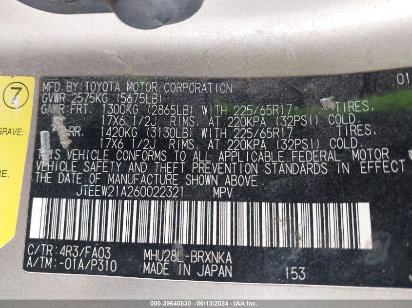 2006 Toyota Highlander Hybrid V6 VIN: JTEEW21A260022321 Lot: 39640530