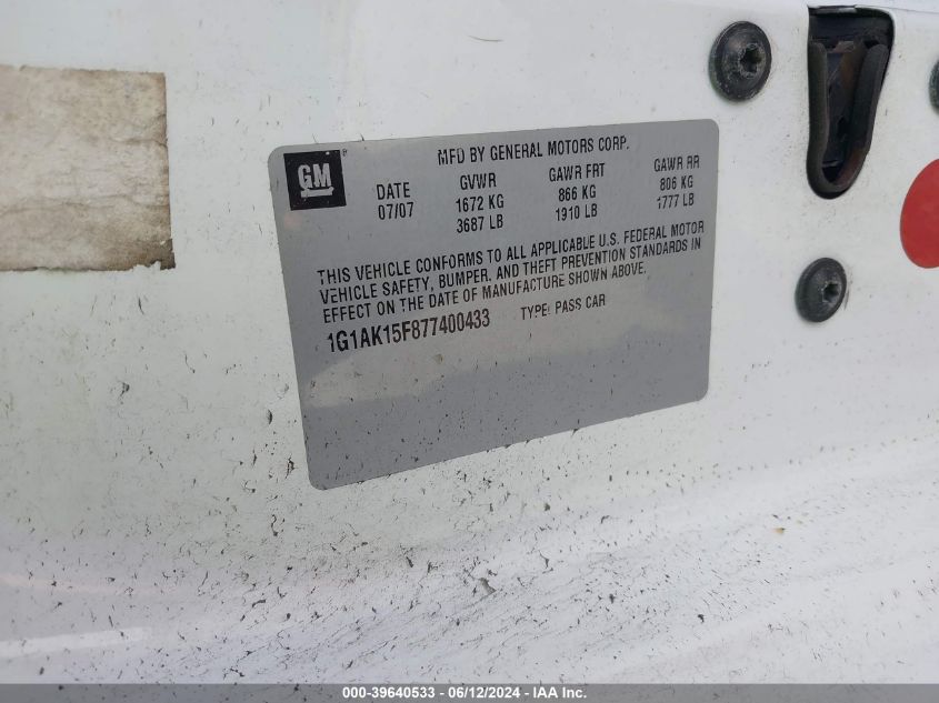 2007 Chevrolet Cobalt Ls VIN: 1G1AK15F877400433 Lot: 39640533