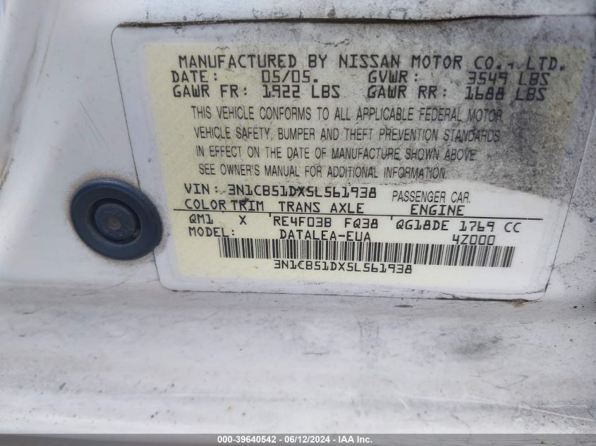 2005 Nissan Sentra 1.8S VIN: 3N1CB51DX5L561938 Lot: 39640542