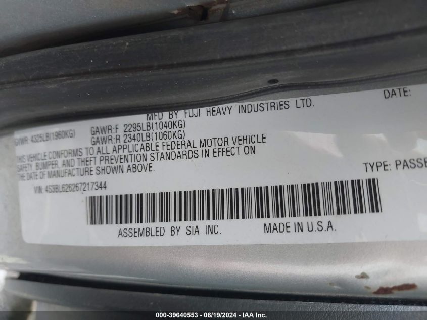 2006 Subaru Legacy 2.5I VIN: 4S3BL626267217344 Lot: 39640553