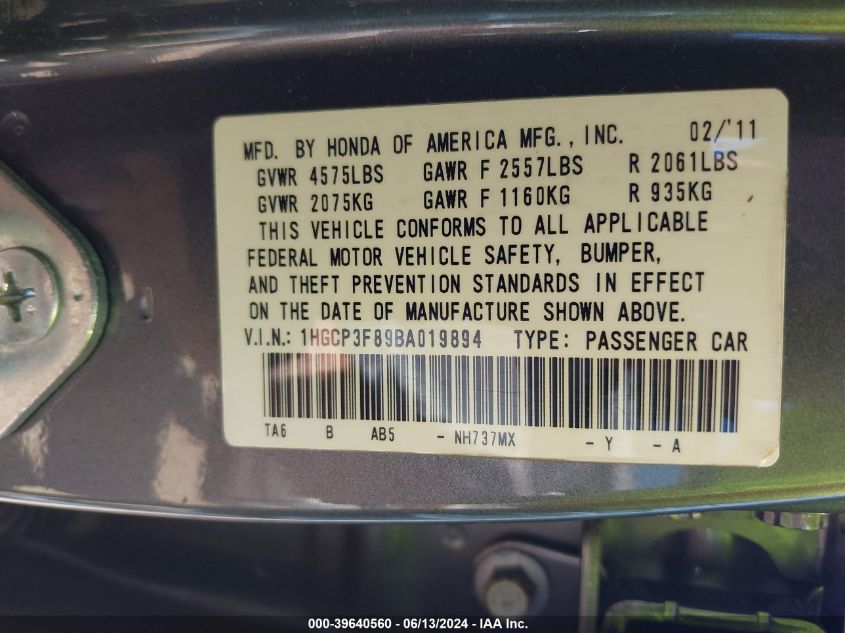 2011 Honda Accord 3.5 Ex-L VIN: 1HGCP3F89BA019894 Lot: 39640560