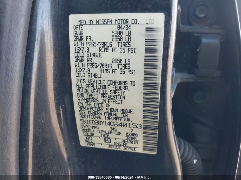 2004 Nissan Xterra Xe VIN: 5N1ED28Y14C640153 Lot: 39640565