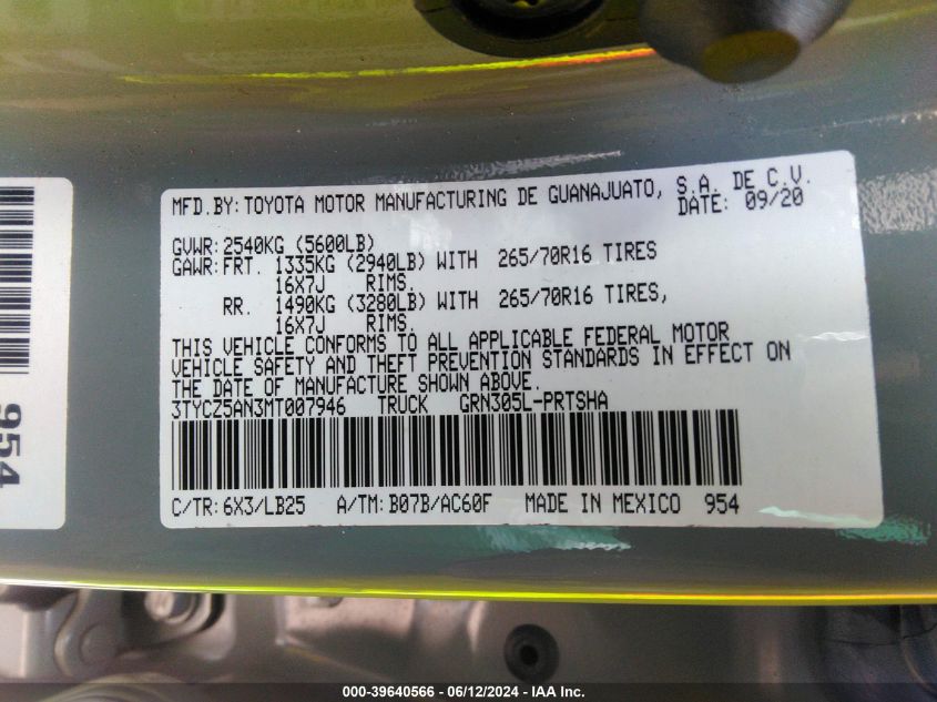 2021 Toyota Tacoma Trd Pro VIN: 3TYCZ5AN3MT007946 Lot: 39640566