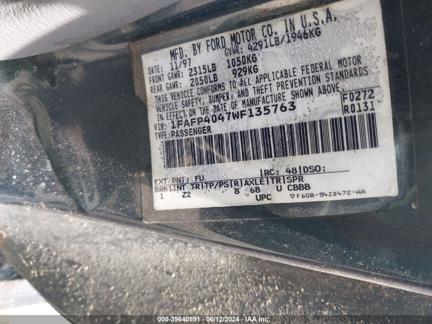 1998 Ford Mustang VIN: 1FAFP4047WF135763 Lot: 39640591