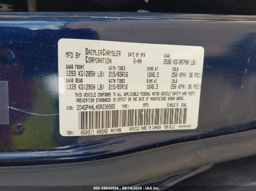 2005 Dodge Grand Caravan Sxt VIN: 2D4GP44L45R230985 Lot: 39640594