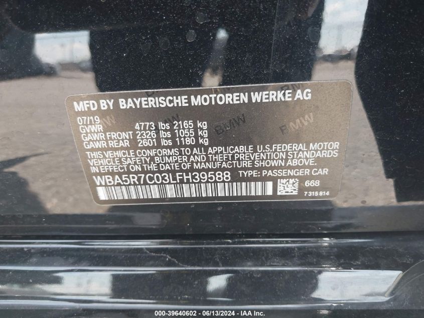 2020 BMW 330I xDrive VIN: WBA5R7C03LFH39588 Lot: 39640602