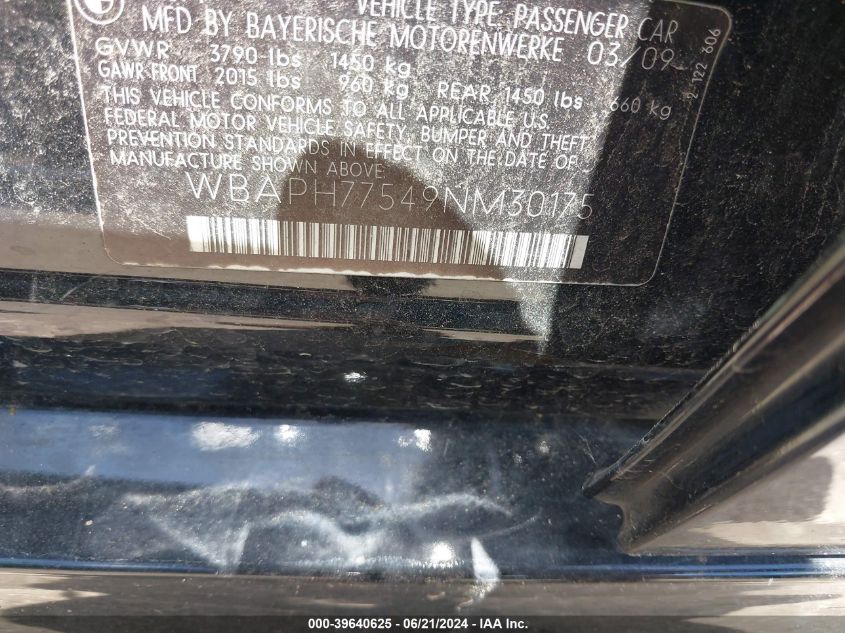 2009 BMW 328I VIN: WBAPH77549NM30175 Lot: 39640625