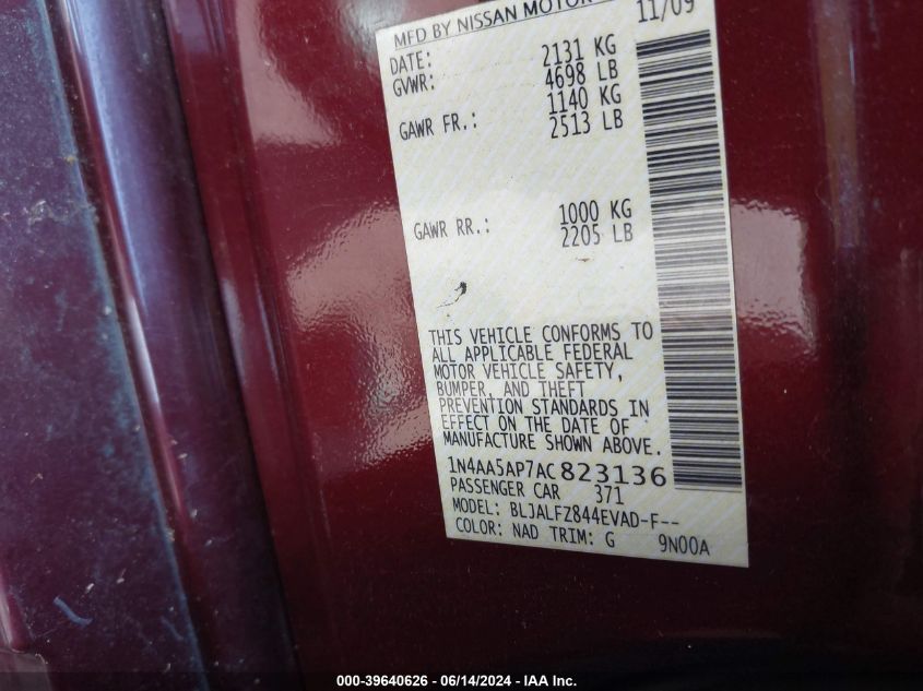 2010 Nissan Maxima 3.5 Sv VIN: 1N4AA5AP7AC823136 Lot: 39640626