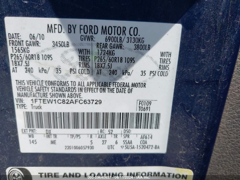 2010 Ford F-150 Fx2 Sport/Xl/Xlt VIN: 1FTEW1C82AFC63729 Lot: 39640637