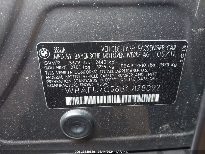 2011 BMW 535I xDrive VIN: WBAFU7C56BC878092 Lot: 39640639