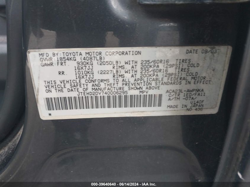 2004 Toyota Rav4 VIN: JTEHD20V740006295 Lot: 39640640