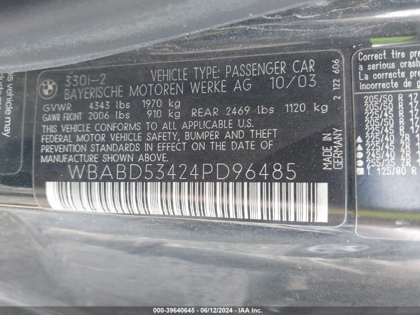 2004 BMW 330Ci VIN: WBABD53424PD96485 Lot: 39640645