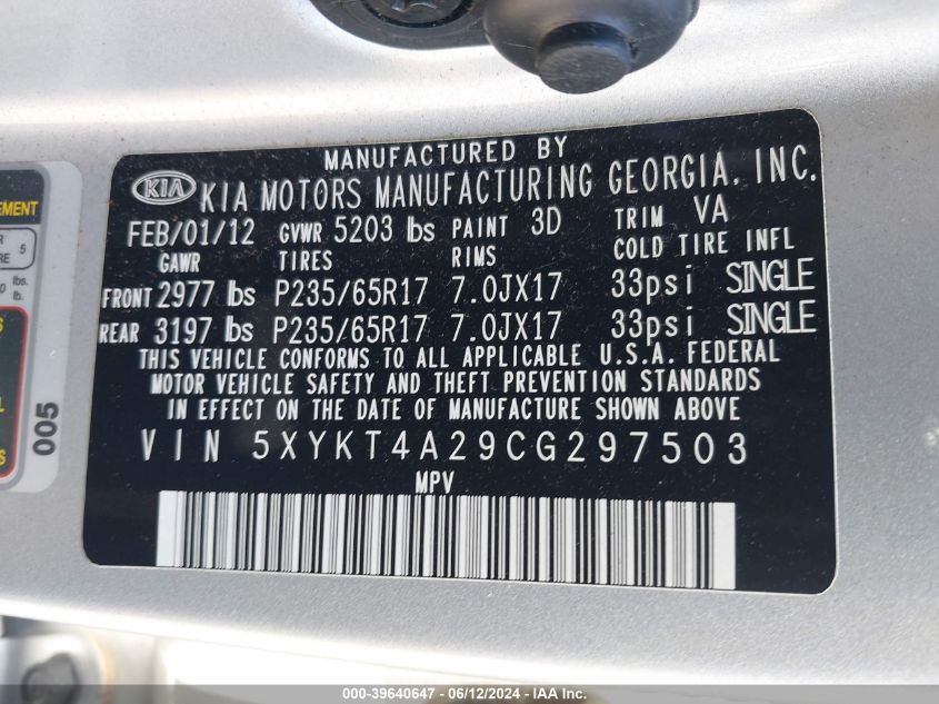 2012 Kia Sorento Lx V6 VIN: 5XYKT4A29CG297503 Lot: 39640647