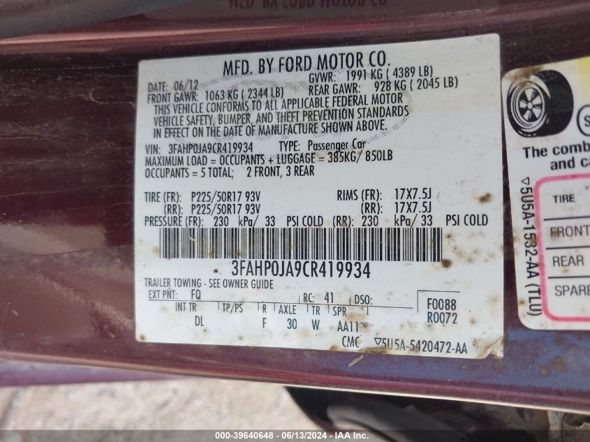 2012 Ford Fusion Sel VIN: 3FAHP0JA9CR419934 Lot: 39640648