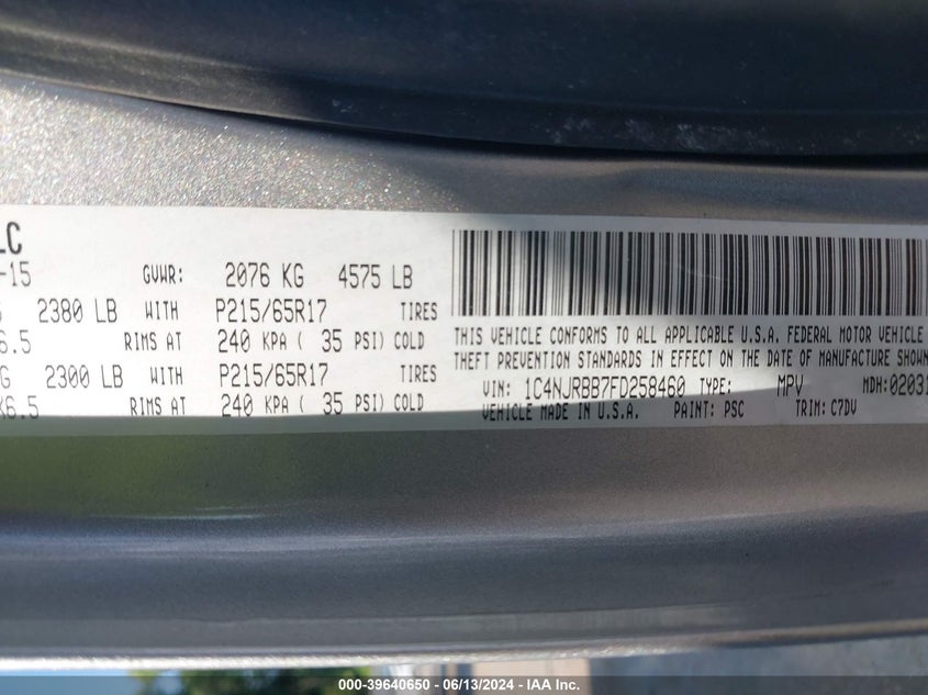 2015 JEEP PATRIOT SPORT - 1C4NJRBB7FD258460