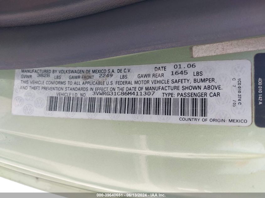 2006 Volkswagen New Beetle 2.5 VIN: 3VWRG31C86M411307 Lot: 39640651