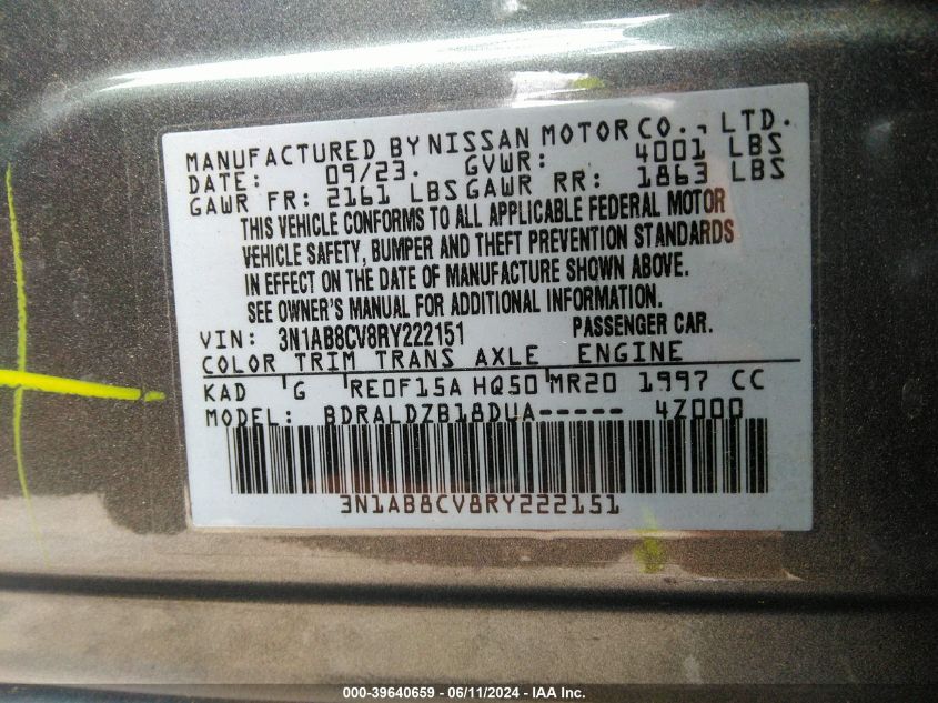 2024 Nissan Sentra Sv Xtronic Cvt VIN: 3N1AB8CV8RY222151 Lot: 39640659