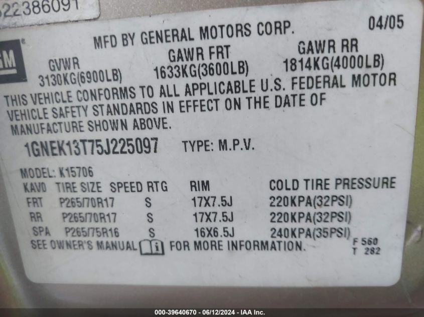 2005 Chevrolet Tahoe Lt VIN: 1GNEK13T75J225097 Lot: 39640670