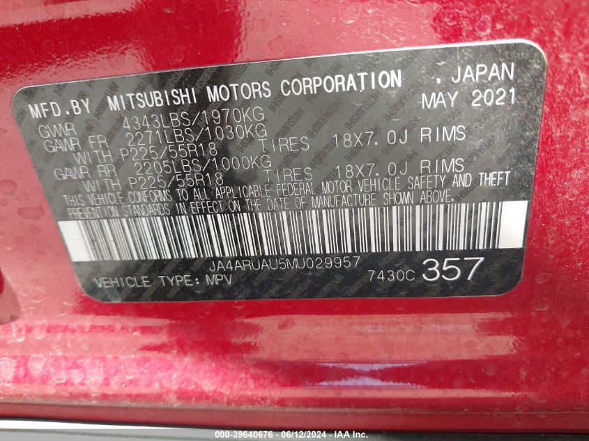 2021 Mitsubishi Outlander Sport 2.0 Be Awc/2.0 Es Awc/2.0 Le Awc/2.0 Se Awc VIN: JA4ARUAU5MU029957 Lot: 39640676