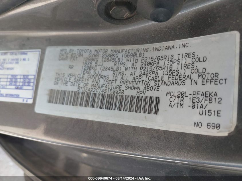 2004 Toyota Sienna Le VIN: 5TDZA23C74S150020 Lot: 39640674