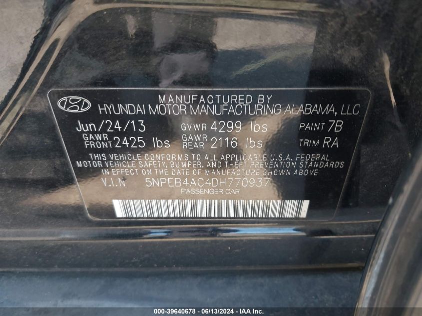 2013 Hyundai Sonata Gls VIN: 5NPEB4AC4DH770937 Lot: 39640678