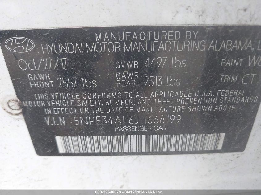 2018 Hyundai Sonata Sel VIN: 5NPE34AF6JH668199 Lot: 39640679