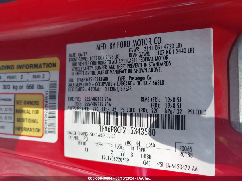 2017 Ford Mustang Gt Premium VIN: 1FA6P8CF2H5343580 Lot: 39640684