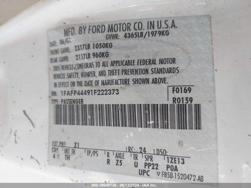 2001 Ford Mustang VIN: 1FAFP44491F222373 Lot: 39640738