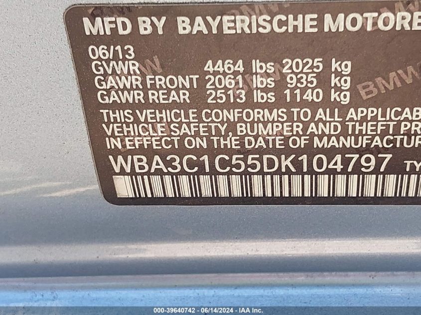 2013 BMW 328I VIN: WBA3C1C55DK104797 Lot: 39640742