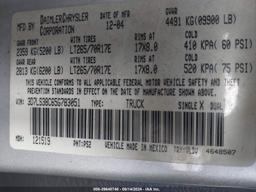 2005 Dodge Ram 3500 Slt/Laramie VIN: 3D7LS38C65G783051 Lot: 39640746