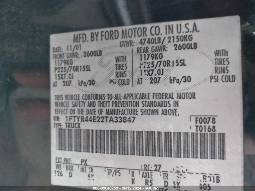 2002 Ford Ranger Xlt VIN: 1FTYR44E22TA33847 Lot: 39640759