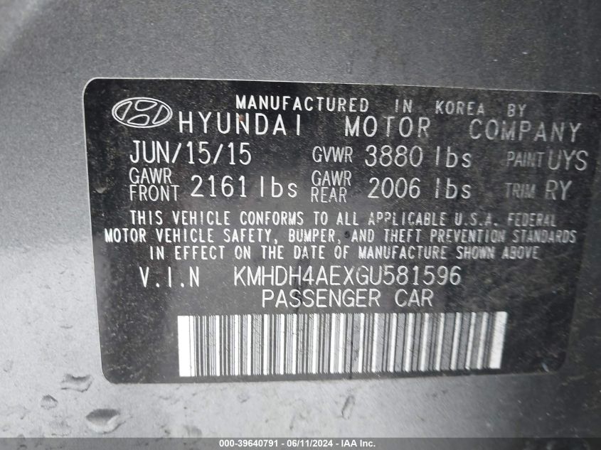 KMHDH4AEXGU581596 | 2016 HYUNDAI ELANTRA