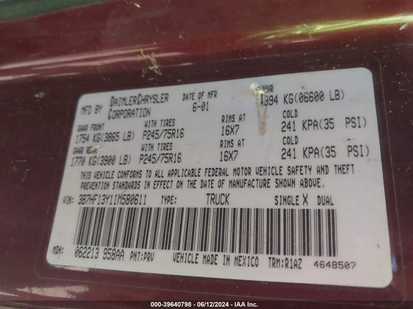 2001 Dodge Ram 1500 St VIN: 3B7HF13Y11M580611 Lot: 39640798