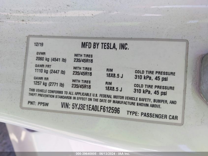 2020 Tesla Model 3 Standard Range Plus Rear-Wheel Drive/Standard Range Rear-Wheel Drive VIN: 5YJ3E1EA0LF612596 Lot: 39640805