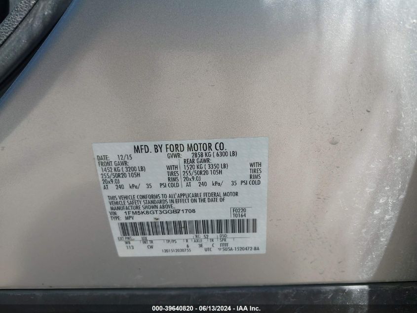 2016 Ford Explorer Sport VIN: 1FM5K8GT3GGB71708 Lot: 39640820