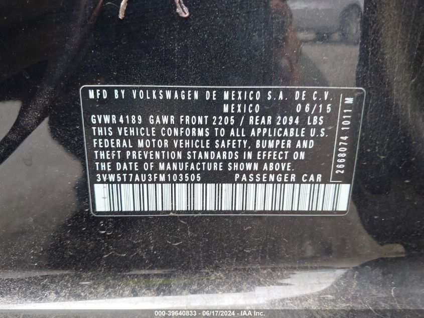 2015 Volkswagen Golf Gti 2.0T Autobahn 4-Door VIN: 3VW5T7AU3FM103505 Lot: 39640833